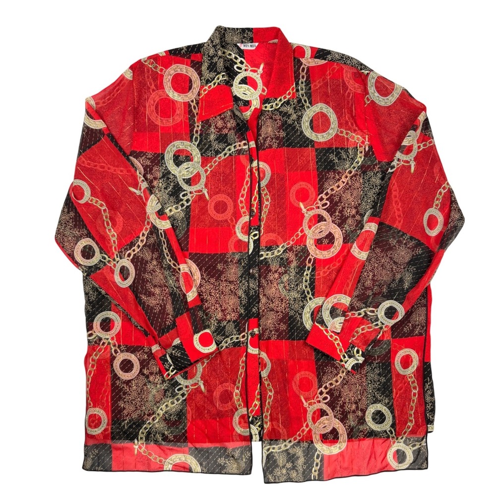 WON MOA Red Black Gold Chain Print Sheer Long Sleeve‎ Button Up Shirt L NEW